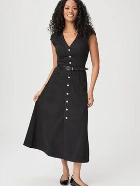 PAIGE Aida Midi Dress Black Button Front Cap Sleeve Dress Size 2